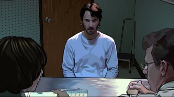 Movie still from “A Scanner Darkly” (2006), directed by Richard Linklater – A man sitting in front of a table with two other people; Close Up shot, Over the shoulder angle