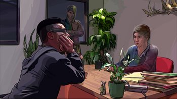 Movie still from “A Scanner Darkly” (2006), directed by Richard Linklater – A man and a woman sitting at a table with a plant; Close Up shot, Over the shoulder angle