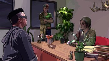 Movie still from “A Scanner Darkly” (2006), directed by Richard Linklater – A group of people sitting at a table with plants in front of them; Medium shot, Over the shoulder angle