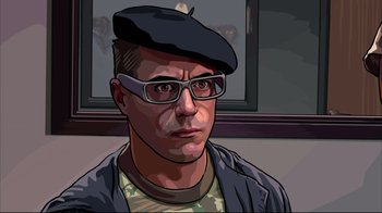 Movie still from “A Scanner Darkly” (2006), directed by Richard Linklater – A man wearing glasses and a beret is looking at the camera; Close Up shot, Low angle