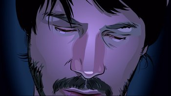 Movie still from “A Scanner Darkly” (2006), directed by Richard Linklater – An illustration of a man's face with a beard; Extreme Close Up shot, Overhead angle