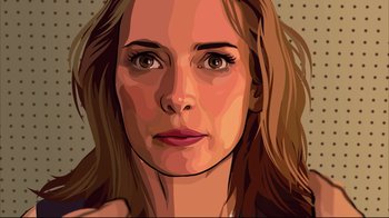 Movie still from “A Scanner Darkly” (2006), directed by Richard Linklater – A woman with long brown hair is looking at the camera; Close Up shot, Overhead angle
