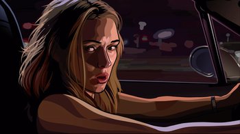 Movie still from “A Scanner Darkly” (2006), directed by Richard Linklater – An animated picture of a woman in a car; Close Up shot, Low angle