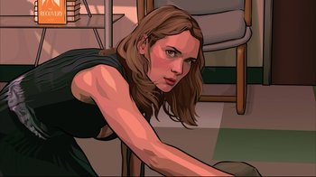 Movie still from “A Scanner Darkly” (2006), directed by Richard Linklater – An animated picture of a woman with long brown hair; Close Up shot, Overhead angle