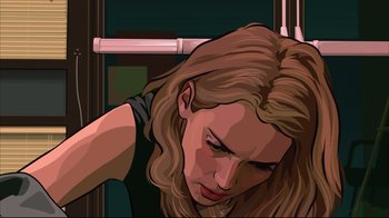 Movie still from “A Scanner Darkly” (2006), directed by Richard Linklater – An animated picture of a woman looking down at her hair; Close Up shot, Overhead angle