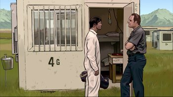 Movie still from “A Scanner Darkly” (2006), directed by Richard Linklater – Two men standing next to each other in front of a building; Wide shot, High angle