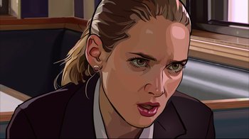 Movie still from “A Scanner Darkly” (2006), directed by Richard Linklater – An animated picture of a woman in a black suit; Close Up shot, Low angle