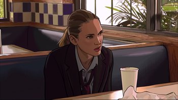 Movie still from “A Scanner Darkly” (2006), directed by Richard Linklater – A woman sitting at a table with a drink in front of a window; Close Up shot, Over the shoulder angle
