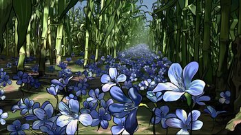 Movie still from “A Scanner Darkly” (2006), directed by Richard Linklater – A painting of a forest filled with blue flowers; Extreme Wide shot, High angle