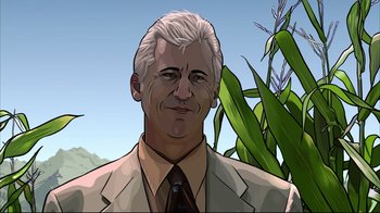Movie still from “A Scanner Darkly” (2006), directed by Richard Linklater – An animated picture of a man in a suit and tie; Close Up shot, Low angle