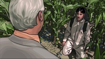 Movie still from “A Scanner Darkly” (2006), directed by Richard Linklater – An old man and a young man in a corn field; Close Up shot, Overhead angle