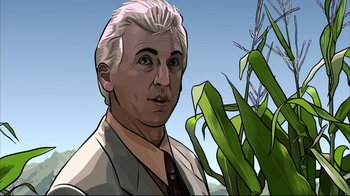 Movie still from “A Scanner Darkly” (2006), directed by Richard Linklater – An illustration of a man with a white beard; Close Up shot, Low angle