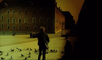 Movie still from “A Short Film About Killing” (1988), directed by Krzysztof Kieslowski – A person standing on the side of a road with pigeons; Wide shot, High angle