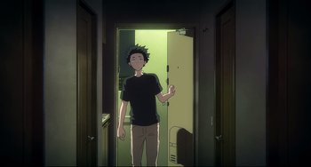 Movie still from “A Silent Voice: The Movie” (2016), directed by Taichi Ishidate – A man standing in a room with a light shining on him; Medium shot, High angle