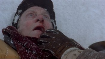 Movie still from “A Simple Plan” (1998), directed by Sam Raimi – A man in a brown jacket and black hat in the snow; Close Up shot, Low angle