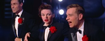 Movie still from “A Star Is Born” (1954), directed by George Cukor – A man and a woman in a suit and tie; Medium shot, Low angle