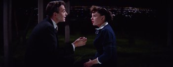 Movie still from “A Star Is Born” (1954), directed by George Cukor – A man and a woman talking to each other; Medium shot, High angle