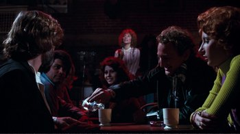 Movie still from “A Star Is Born” (1976), directed by Frank Pierson – A group of people sitting at a table with drinks; Medium shot, Over the shoulder angle