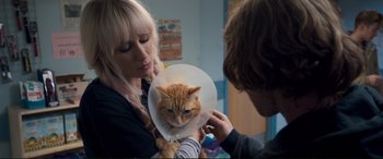 Movie still from “A Street Cat Named Bob” (2016), directed by Roger Spottiswoode – A woman holding a cat in a cone; Close Up shot, Over the shoulder angle