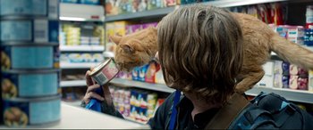Movie still from “A Street Cat Named Bob” (2016), directed by Roger Spottiswoode – A person and a cat in a grocery store; Close Up shot, Over the shoulder angle