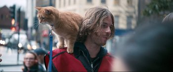 Movie still from “A Street Cat Named Bob” (2016), directed by Roger Spottiswoode – A man with long hair is holding a cat on his shoulder; Close Up shot, Over the shoulder angle
