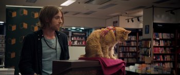 Movie still from “A Street Cat Named Bob” (2016), directed by Roger Spottiswoode – An orange cat sitting on top of a table next to a man; Medium shot, Over the shoulder angle