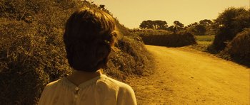 Movie still from “A Very Long Engagement” (2004), directed by Jean-Pierre Jeunet – A person standing on a dirt road near a forest; Close Up shot, High angle