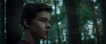 Movie still from “A Wrinkle in Time” (2018), directed by Ava DuVernay – A young man looking into the distance in the woods; Close Up shot, Low angle