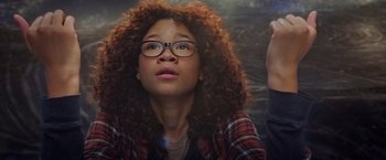 Movie still from “A Wrinkle in Time” (2018), directed by Ava DuVernay – A woman with glasses looking up into the sky; Close Up shot, Overhead angle