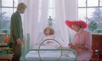 Movie still from “A Zed & Two Noughts” (1985), directed by Peter Greenaway – A woman in a pink hat is sitting in a hospital bed; Wide shot, Low angle