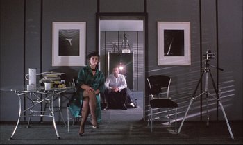 Movie still from “A Zed & Two Noughts” (1985), directed by Peter Greenaway – A man and a woman sitting on a chair in front of a window; Wide shot, Low angle