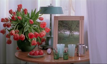 Movie still from “A Zed & Two Noughts” (1985), directed by Peter Greenaway – A table topped with vases of flowers next to a lamp; Wide shot, High angle