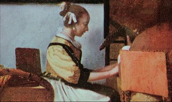 Movie still from “A Zed & Two Noughts” (1985), directed by Peter Greenaway – A woman is playing the piano in an old painting; Medium shot, High angle