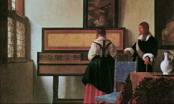 Movie still from “A Zed & Two Noughts” (1985), directed by Peter Greenaway – A woman in a red and white dress standing next to a piano; Medium shot, High angle