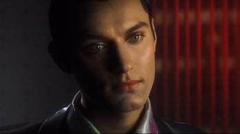 Movie still from “A.I. Artificial Intelligence” (2001), directed by Steven Spielberg – A man's face in a dark room; Close Up shot, Low angle