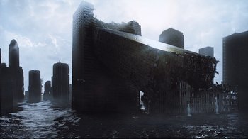 Movie still from “A.I. Artificial Intelligence” (2001), directed by Steven Spielberg – A building that is falling down into the water; Extreme Wide shot, Overhead angle