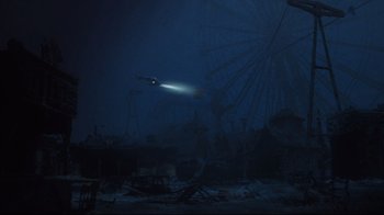 Movie still from “A.I. Artificial Intelligence” (2001), directed by Steven Spielberg – A light is shining on a boat in the ocean; Extreme Wide shot, High angle