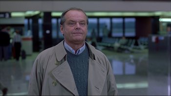Movie still from “About Schmidt” (2002), directed by Alexander Payne – An older man wearing a coat and sweater; Medium shot, Low angle