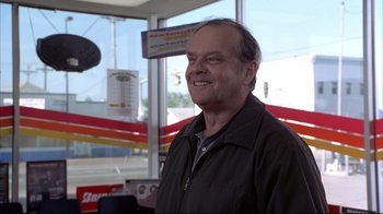 Movie still from “About Schmidt” (2002), directed by Alexander Payne – A man standing in front of a window in a store; Medium shot, Low angle