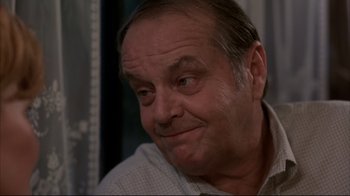 Movie still from “About Schmidt” (2002), directed by Alexander Payne – An older man with a goatee looking at the camera; Close Up shot, Low angle