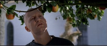 Movie still from “Adam's Apples” (2005), directed by Anders Thomas Jensen – A man standing next to an apple tree; Close Up shot, Low angle