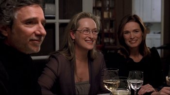 Movie still from “Adaptation.” (2002), directed by Spike Jonze – A group of people sitting at a table with wine glasses; Close Up shot, Over the shoulder angle