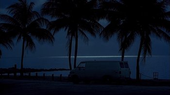 Movie still from “Adaptation.” (2002), directed by Spike Jonze – A van parked on the beach at night with palm trees in the background; Extreme Wide shot, Low angle