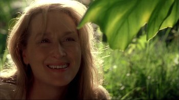 Movie still from “Adaptation.” (2002), directed by Spike Jonze – A woman's face with a green leaf in the background; Close Up shot, Low angle