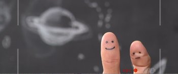 Movie still from “Adult Life Skills” (2016), directed by Rachel Tunnard – A finger with a smile drawn on it's face; Extreme Close Up shot, Overhead angle