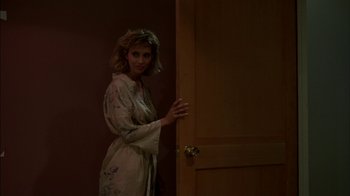 Movie still from “After Hours” (1985), directed by Martin Scorsese – A woman standing in front of a wooden door; Medium shot, Over the shoulder angle