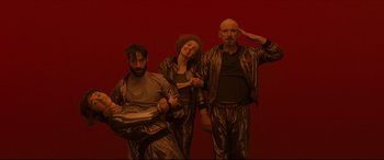 Movie still from “After Yang” (2021), directed by Kogonada – A group of people standing next to each other; Wide shot, High angle