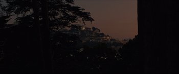Movie still from “After Yang” (2021), directed by Kogonada – A view of a city at night from a hill; Extreme Wide shot, Low angle
