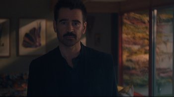Movie still from “After Yang” (2021), directed by Kogonada – A person with a mustache; Medium shot, Over the shoulder angle