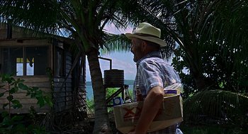 Movie still from “Age of Consent” (1969), directed by Michael Powell – An older man carrying a bag of food in his hand; Wide shot, Low angle
